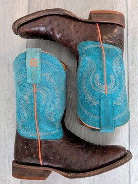 ANDERSON BEAN Kids Chocolate Ostrich Cowboy Boots Turquoise Shaft Size 1 AKB7083